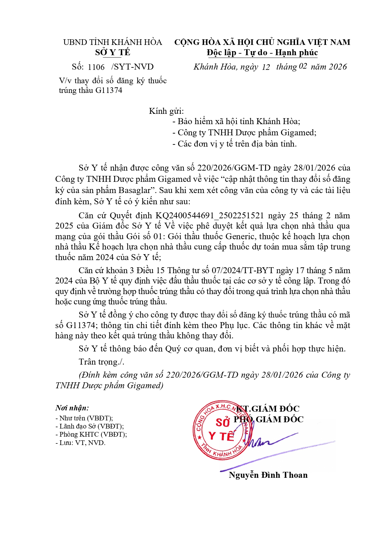 V/v thay đổi số đăng ký thuốc trúng thầu G11374